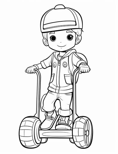 Segway coloring page, clean and thick line art, 2d art, smooth lines, 4k, HD, --ar 17:22