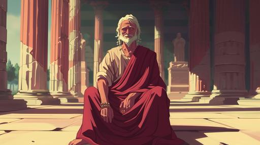 Seneca in a Roman temple, anime style, meditating on the impact of ego on spirituality, 90's look --ar 16:9 --v 6.0