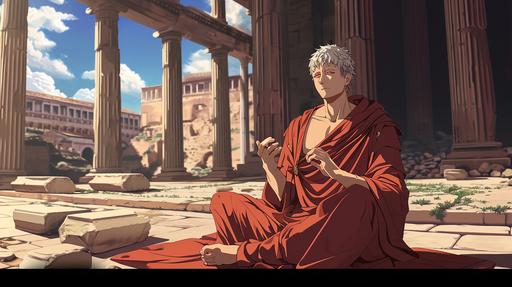 Seneca in a Roman temple, anime style, meditating on the impact of ego on spirituality, 90's look --ar 16:9 --v 6.0