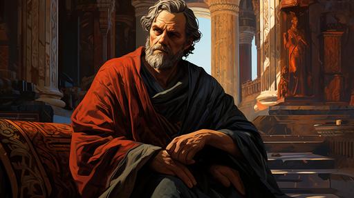 Seneca stoic philosopher, ultra realistic portrait, sitting between the Roman pillars, aged 35, wise and serious expression, perfect face, centered, symmetry, painted, intricate, volumetric lighting, beautiful, rich deep colors masterpiece, sharp focus, ultra detailed, in the style of dan mumford and marc simonetti, astrophotography, --ar 16:9