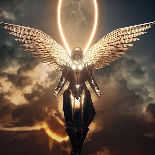 Seraphim in full titanium armor flying, golden thore in the background, lots of detailes, hyper-realistic, cinematic, photo-realistic, cinematic 8k, ultra HD, detailed contrast, unreal engine 5, field of depth --test --creative