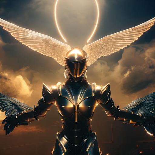 Seraphim in full titanium armor flying, golden thore in the background, lots of detailes, hyper-realistic, cinematic, photo-realistic, cinematic 8k, ultra HD, detailed contrast, unreal engine 5, field of depth --test --creative