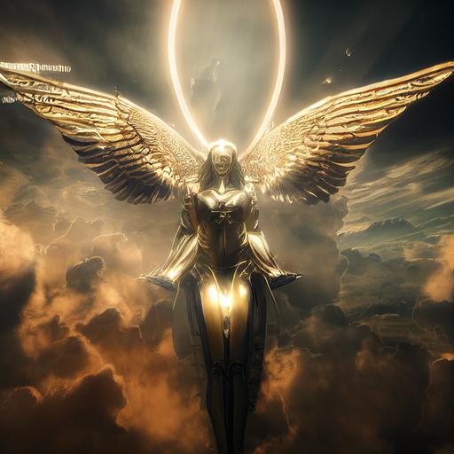 Seraphim in full titanium armor flying, golden thore in the background, lots of detailes, hyper-realistic, cinematic, photo-realistic, cinematic 8k, ultra HD, detailed contrast, unreal engine 5, field of depth --test --creative