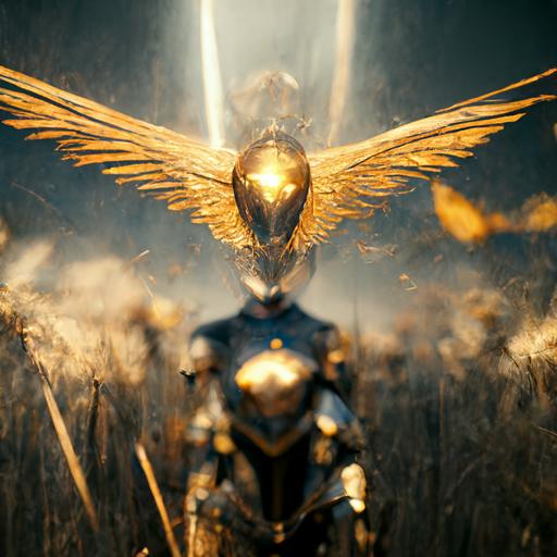 Seraphim in full titanium armor flying, golden thore in the background, lots of detailes, hyper-realistic, cinematic, photo-realistic, cinematic 8k, ultra HD, detailed contrast, unreal engine 5, field of depth