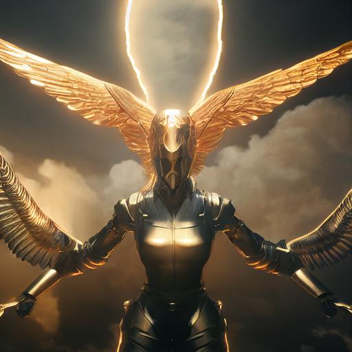 Seraphim in full titanium armor flying, golden thore in the background, lots of detailes, hyper-realistic, cinematic, photo-realistic, cinematic 8k, ultra HD, detailed contrast, unreal engine 5, field of depth --test --creative