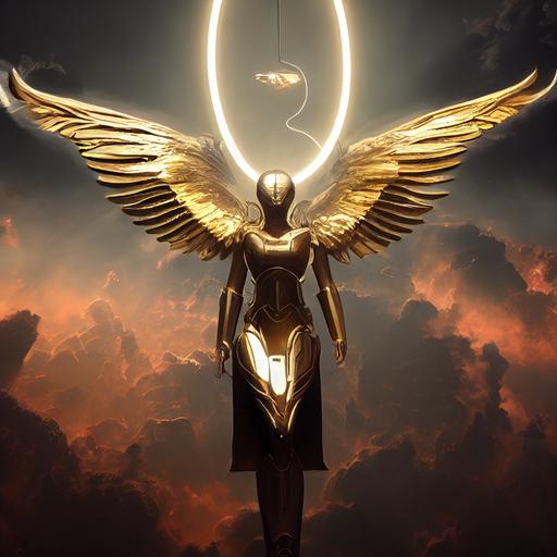 Seraphim in full titanium armor flying, golden thore in the background, lots of detailes, hyper-realistic, cinematic, photo-realistic, cinematic 8k, ultra HD, detailed contrast, unreal engine 5, field of depth --test --creative