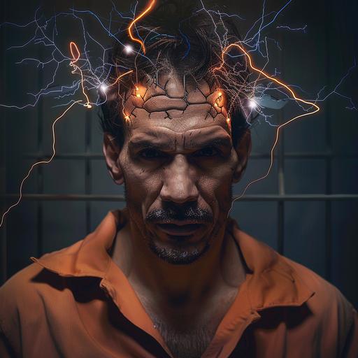 Sergio Peris-Mencheta as an Arkham asylum patient with a brain implant. The implant lights up the veins in his head. Electricity forms a crown on his head. He has a vengeful look. He is staring into the camera. Full body. He is wearing an orange prison jumpsuit.--style raw --v 6.0