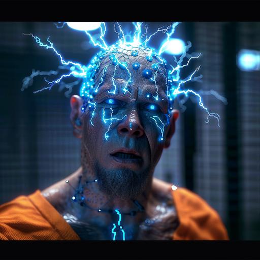 Sergio Peris-Mencheta as an Arkham asylum patient with a brain implant. He has a rasputin beard. The implant lights up the veins in his head. Electricity forms a crown on his head. He has a vengeful look. He is staring into the camera. Full body. He is wearing an orange prison jumpsuit. extremely photorealistic, 8k.--style raw --v 6.0