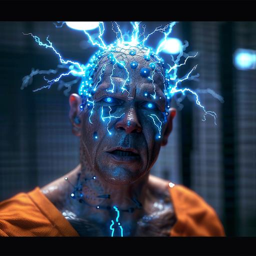 Sergio Peris-Mencheta as an Arkham asylum patient with a brain implant. The implant lights up the veins in his head. Electricity forms a crown on his head. He has a vengeful look. He is staring into the camera. Full body. He is wearing an orange prison jumpsuit. extremely photorealistic, 8k.--style raw --v 6.0