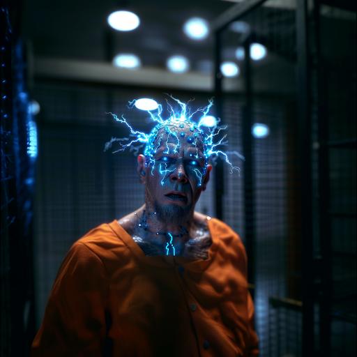 Sergio Peris-Mencheta as an Arkham asylum patient with a brain implant. He has a rasputin beard. The implant lights up the veins in his head. Electricity forms a crown on his head. He has a vengeful look. He is staring into the camera. Full body. He is wearing an orange prison jumpsuit. extremely photorealistic, 8k.--style raw --v 6.0