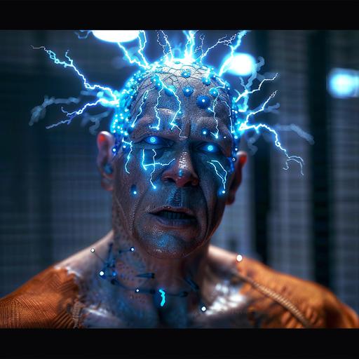 Sergio Peris-Mencheta as an Arkham asylum patient with a brain implant. The implant lights up the veins in his head. Electricity forms a crown on his head. He has a vengeful look. He is staring into the camera. Full body. He is wearing an orange prison jumpsuit. extremely photorealistic, 8k.--style raw --v 6.0