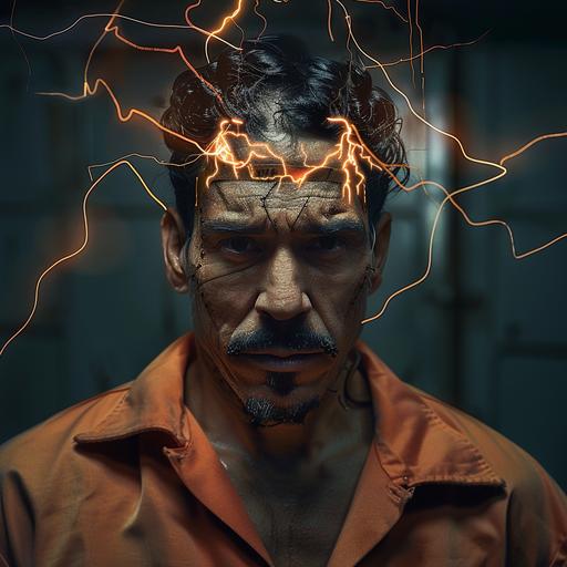 Sergio Peris-Mencheta as an Arkham asylum patient with a brain implant. The implant lights up the veins in his head. Electricity forms a crown on his head. He has a vengeful look. He is staring into the camera. Full body. He is wearing an orange prison jumpsuit.--style raw --v 6.0