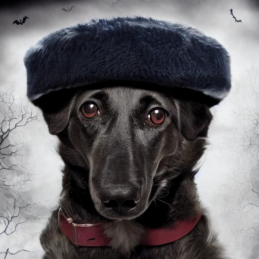 Serious Dog wearing boots. Ironic dog wearing a Russian hat. blue shadows. Halloween  --upbeta --test --creative