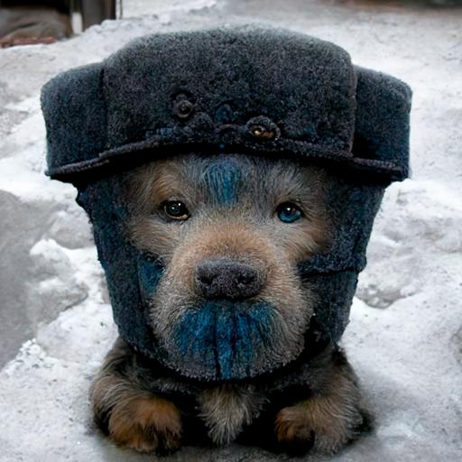 Serious Dog wearing boots. Ironic dog wearing a Russian hat. blue shadows. Halloween  --q 3