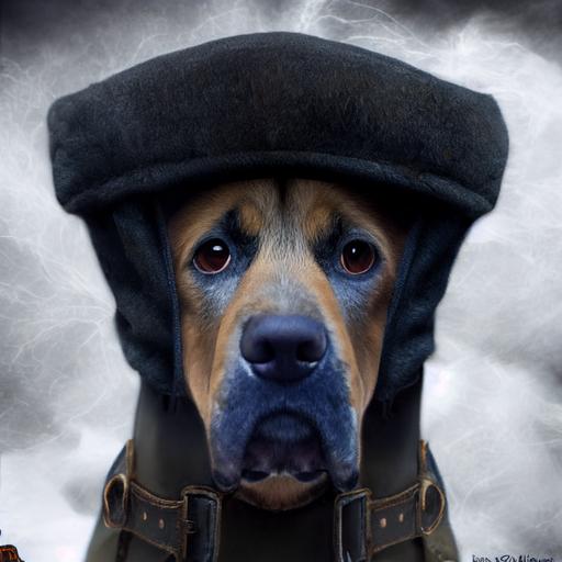 Serious Dog wearing boots. Ironic dog wearing a Russian hat. blue shadows. Halloween  --upbeta --test --creative