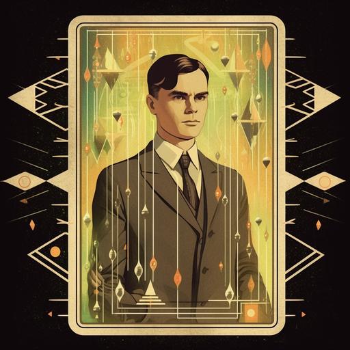 A Turing tarot card as part of a Technology Tarot deck, with Alan Turing depicted as a mage manipulating symbols and algorithms. --v 5.1 --q 5 --s 200