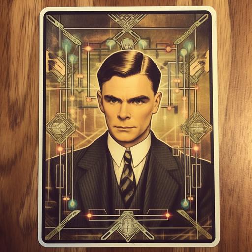 A Turing tarot card as part of a Technology Tarot deck, with Alan Turing depicted as a mage manipulating symbols and algorithms. --v 5.1 --q 5 --s 200