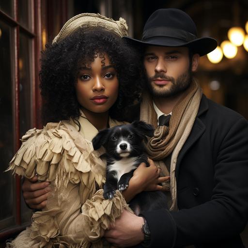 /Twenty-year-old classy black woman with long hair big eyes thick lips African look high fashion style in 1912 holding the arm of a twenty-year-old Italian man with big rounded eyes big long beard and long hair wearing a hat and holding a black and white spotted French bulldog both standing on a winterish wet long street in the evening lit by one street lamp realistic high definition lonely street far distance --s 750