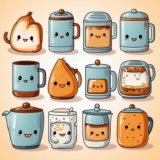Set of 70s groovy element breakfast meal concept vector. Collection of cartoon character, doodle smile face, pan, bread, egg, kettle, toaster. Cute retro groovy hippie design for decorative, sticker. --s 750