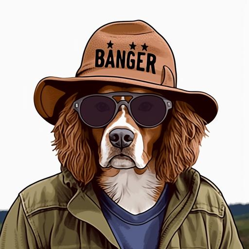 Setting is deep in the forest:: Gus is an older Cavalier King Charles Spaniel, ruby colored with a Park Ranger hat and wearing sunglasses:: Setting contains Gus looking straight ahead:: in the style of Wes Anderson --v 5  --s 900