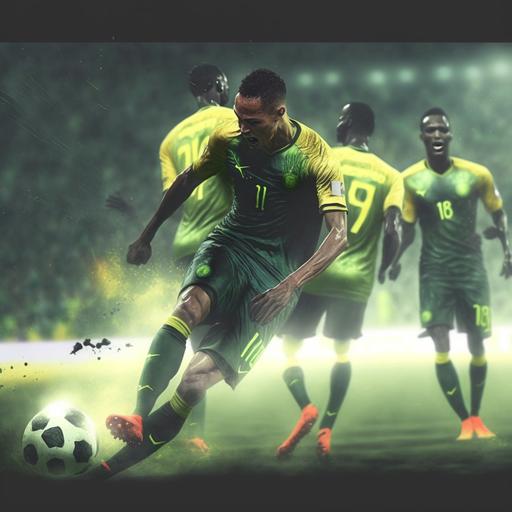 Setting is hyper realistic soccer field it's raining:: Amit is soccer players green shirt and green shorts:: Setting contains kicking a soccer ball over their heads:: players on the field, fans, green, soccer ball, goal, light, photography, hyper realistic, 3D --v 4 --q 2