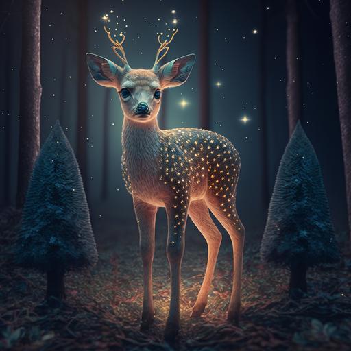 Setting is in a pine tree forest:: Starlight is a sweet baby deer with large Pretty eyes:: Setting contains starlight standing next to a decorative Christmas tree --v 4