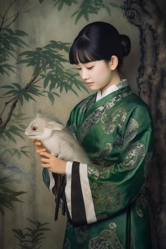 Seventeen-year-old woman holding small dragon cub, shedding dragon skin, delicate Japanese painting in classical style, in forest, 8k --ar 2:3 --q 2 --v 5