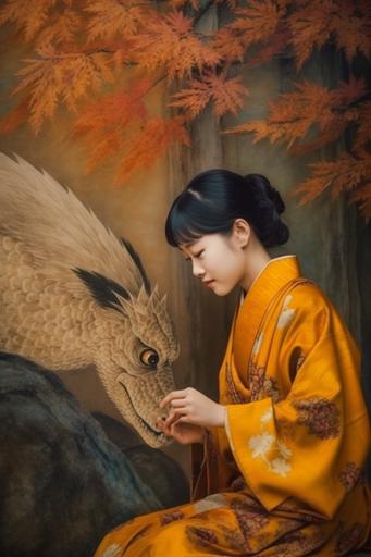 Seventeen-year-old woman holding small dragon cub, shedding dragon skin, delicate Japanese painting in classical style, in forest, 8k --ar 2:3 --q 2 --v 5