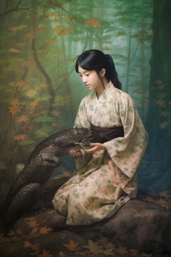 Seventeen-year-old woman holding small dragon cub, shedding dragon skin, delicate Japanese painting in classical style, in forest, 8k --ar 2:3 --q 2 --v 5