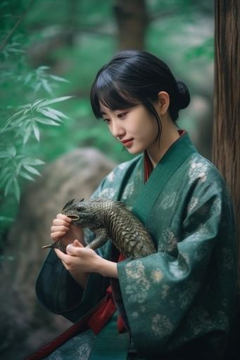 Seventeen-year-old woman holding small dragon cub, shedding dragon skin, delicate Japanese painting in classical style, in forest, 8k --ar 2:3 --q 2 --v 5