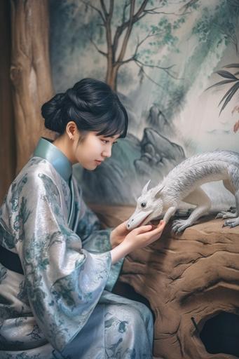 Seventeen-year-old woman holding small dragon cub, shedding dragon skin, delicate Japanese painting in classical style, in forest, 8k --ar 2:3 --q 2 --v 5