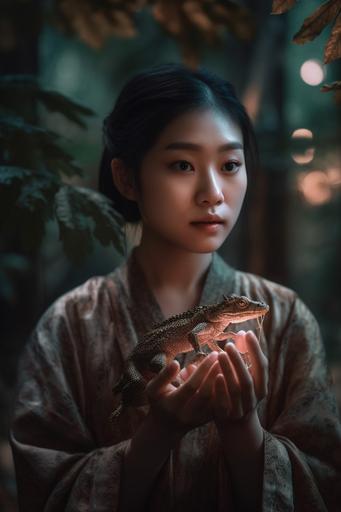 Seventeen-year-old woman holding small dragon cub, shedding dragon skin, delicate Japanese painting in classical style, in forest, 8k --ar 2:3 --q 2 --v 5