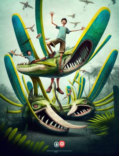 Several Quetzalcoatlus fly out of a crab. The picture is surrounded by vegetation in the age of dinosaurs. It is full of technology and imagination, in the style of picture books --ar 3:4