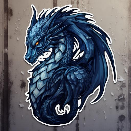 Sgaeyl is a large navy-blue Daggertail dragon; large female dragon; sticker style art
