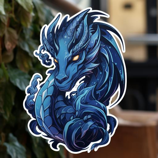 Sgaeyl is a large navy-blue Daggertail dragon; large female dragon; sticker style art