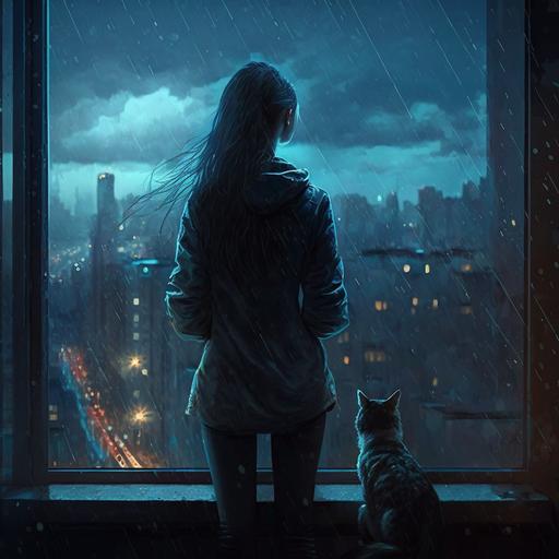 a beautiful woman in a beautiful big dark room with her pet cat, sensual, dark, evening, raining outside, big glass windows over looking a big city, pent house view, rain on the windows, hyper real, glow,