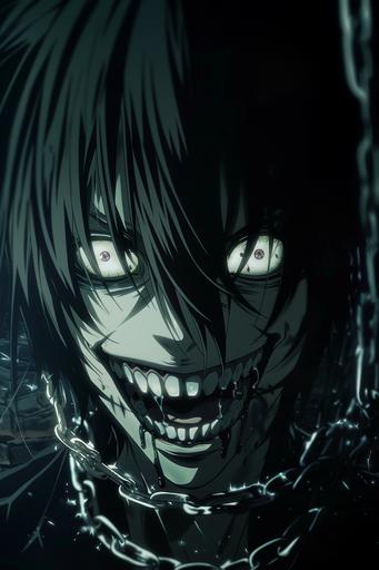Shackled forgotten vampire knight evil demented smile sharp teeth anime --v 6.0 --ar 2:3