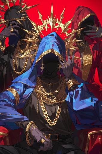 Shadow wizard money gang, multi colored robes, hood obscuring faces in shadow, gangster gold chains, hand signs, dramatic poses --niji 6 --ar 2:3