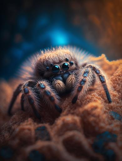 cute and adorable baby tarantula, super detailed macro lens close-up shot, 8k, ultra-high quality render, vivid colors, cinematic lighting, fary lighting, beautiful, shallow depth of field, photography --ar 3:4 --v 4