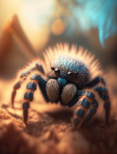 cute and adorable baby tarantula, super detailed macro lens close-up shot, 8k, ultra-high quality render, vivid colors, cinematic lighting, fary lighting, beautiful, shallow depth of field, photography --ar 3:4 --v 4