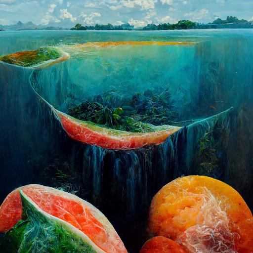 A dramatic ultrarealistic mythical view of peels of watermelon+papaya+mango+tangerines+cantaloupe flowing through the colorless to blue water