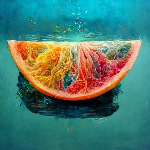 A dramatic ultrarealistic mythical view of peels of watermelon+papaya+mango+tangerines+cantaloupe flowing through the colorless to blue water +in the river+ with colorful pipes intertwined+flowwing through water