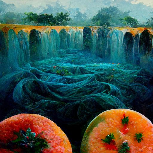 A dramatic ultrarealistic mythical view of peels of watermelon+papaya+mango+tangerines+cantaloupe flowing through the colorless to blue water