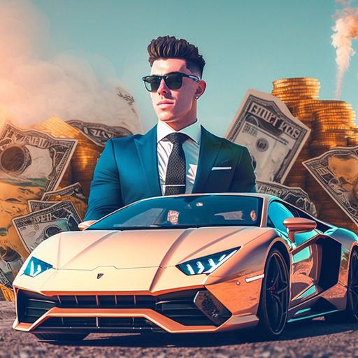 A youtube thumbnail with Lamborghini and a billionaire lifestyle
