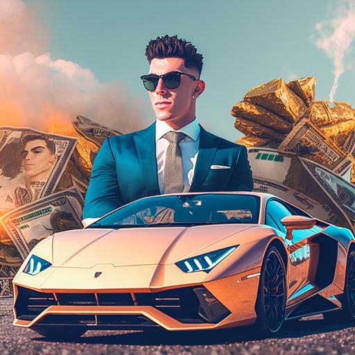A youtube thumbnail with Lamborghini and a billionaire lifestyle