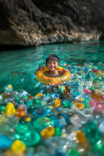 Shallow beach, smiling Asian boy floating with floats, surrounding sea filled with plastic waste --s 500 --v 6.0 --style raw --ar 2:3