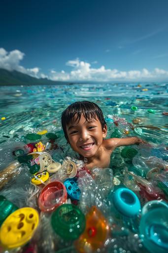 Shallow beach, smiling Asian boy floating with floats, surrounding sea filled with plastic waste --ar 2:3 --s 500 --v 6.0 --style raw