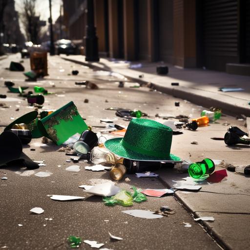 Shamrock broken plastic party derby St. Patricks hats on the street, broken green sunglasses, confetti, broken beer bottles, people passed out in the gutter, others stumbling on the street, wild party, burning apartment window smoke billowing out. --s 50 --v 5