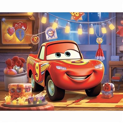 Cars lighting mcqueen cartoon postcard inviting people to Mason's 4 year old birthday party, 4k. Should have banner saying 