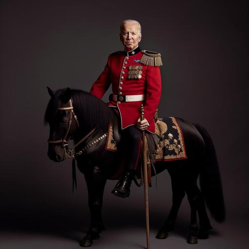 Joe Biden riding a toy horse in a london guards suit with a spare